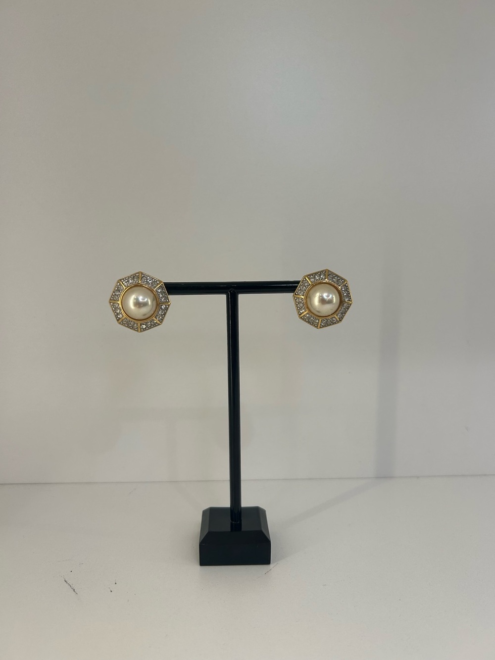 Vintage RICHELIEU Pierced Hexagon CZ Pearl Earrings